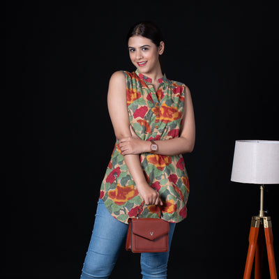 Beige Sleeveless Asian Collar Cotton Tunic with Floral Print