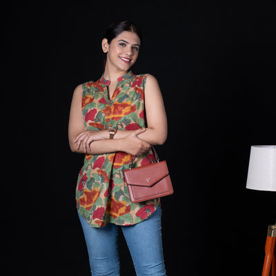 Beige Sleeveless Asian Collar Cotton Tunic with Floral Print