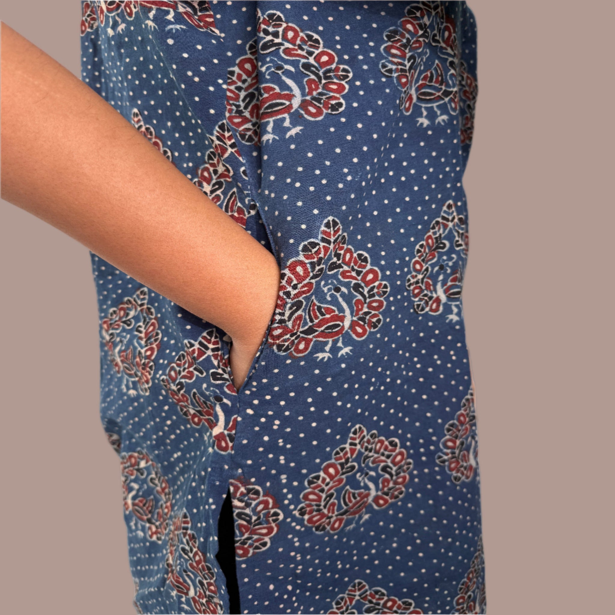Blue cotton ajrakh print shirt with pocket