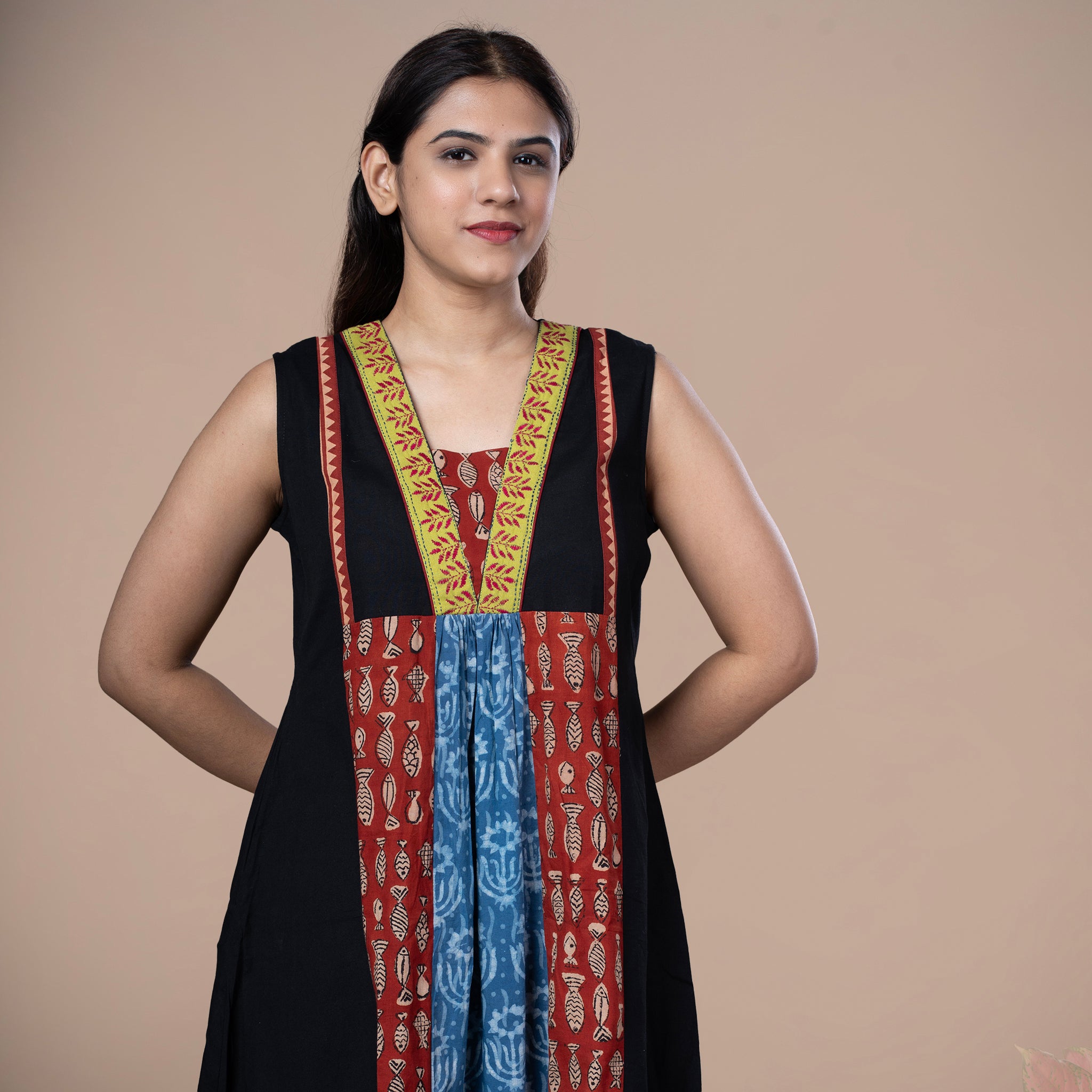 Cotton Dabu Patchwork Designer Dress With Kantha Work
