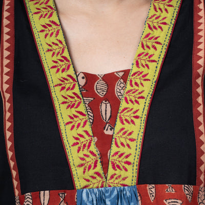 Cotton Dabu Patchwork Designer Dress With Kantha Work