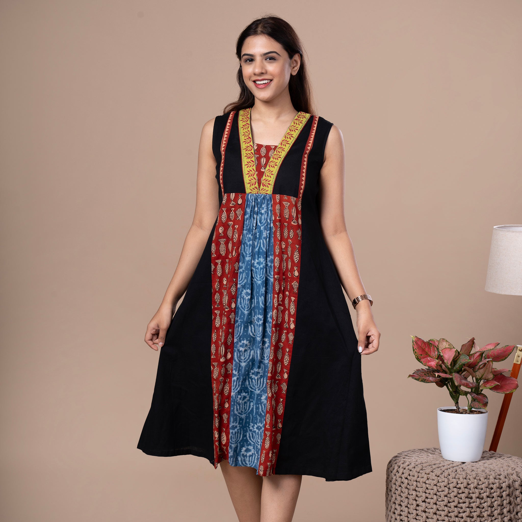 Cotton Dabu Patchwork Designer Dress With Kantha Work