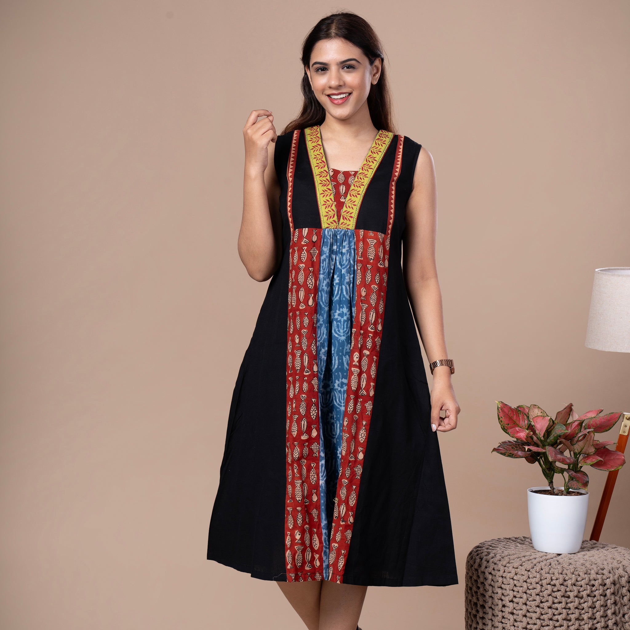 Cotton Dabu Patchwork Designer Dress With Kantha Work