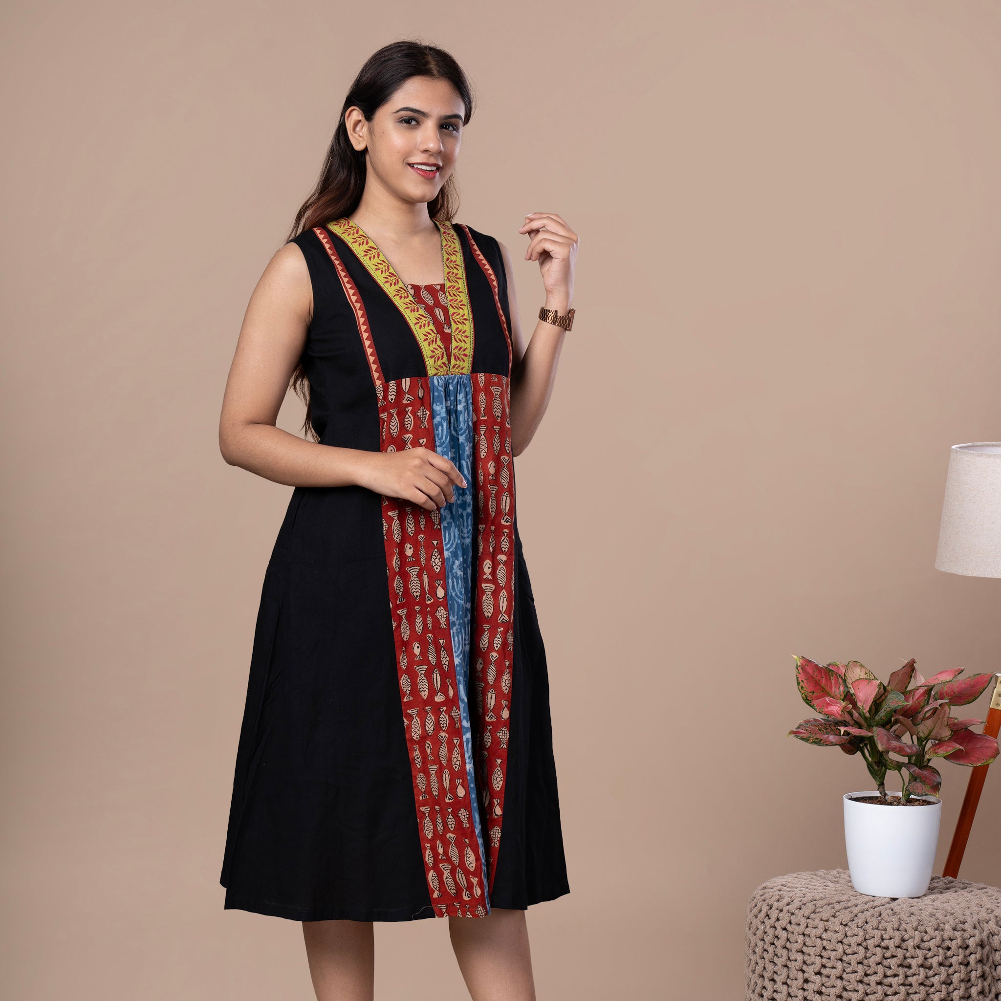 Cotton Dabu Patchwork Designer Dress With Kantha Work
