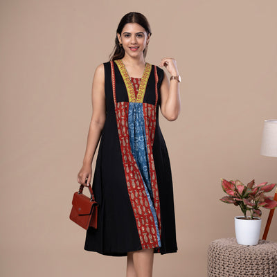 Cotton Dabu Patchwork Designer Dress With Kantha Work