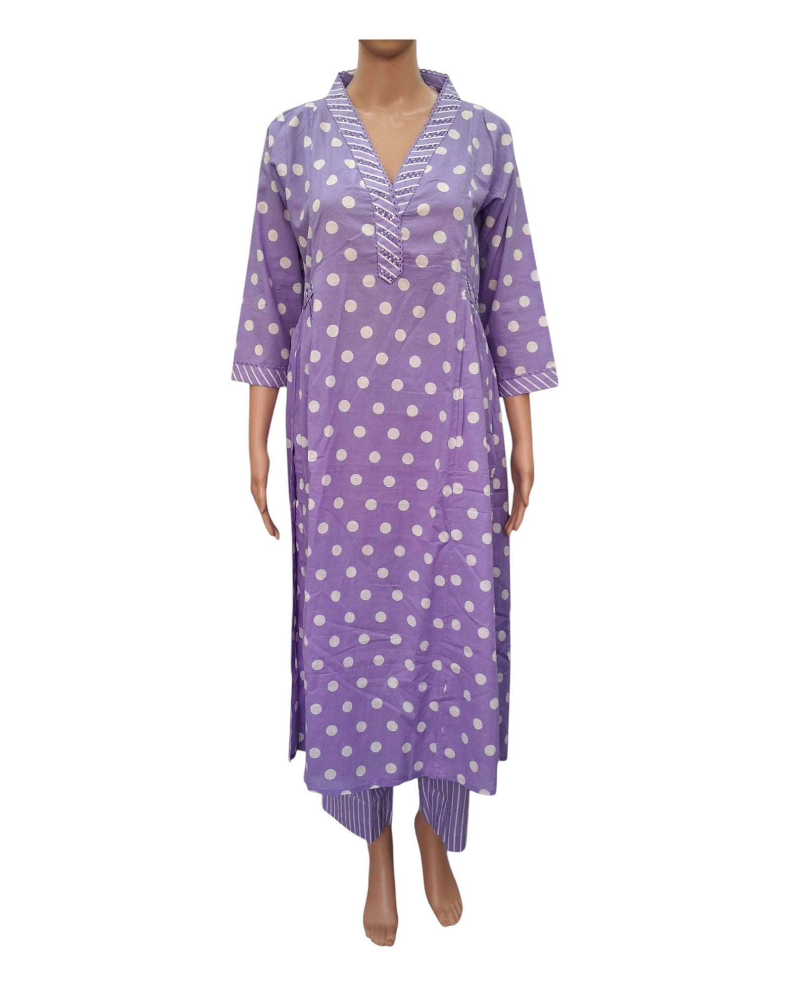 Buy Polka Dot V Neck Cotton Kurta Pant Dupatta Set – Tvahra