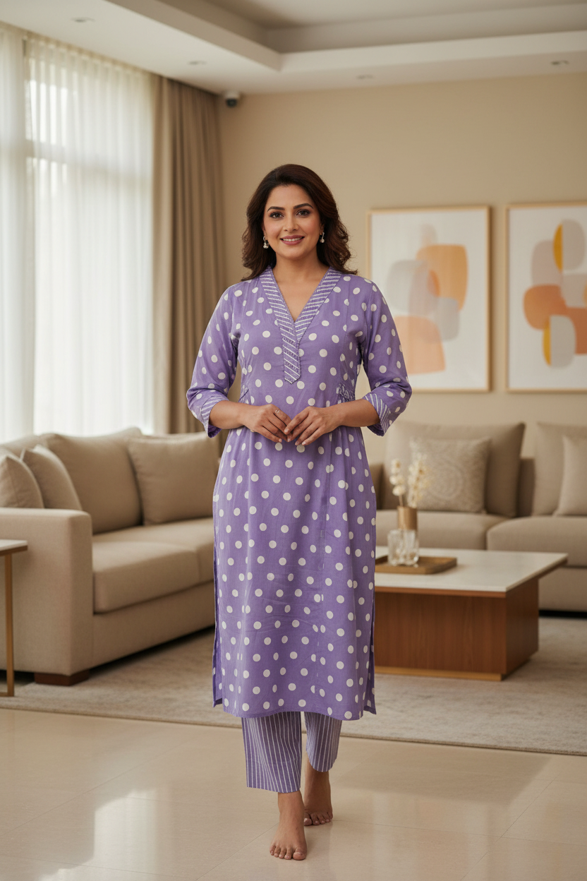 Polka Dot V Neck Cotton Kurta Pant Dupatta Set