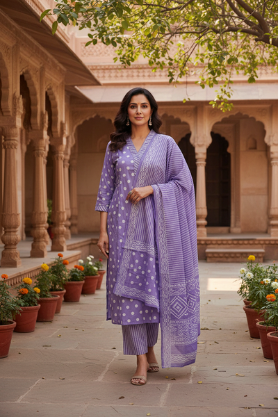 Polka Dot V Neck Cotton Kurta Pant Dupatta Set
