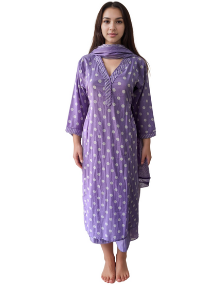 Polka Dot V Neck Cotton Kurta Pant Dupatta Set