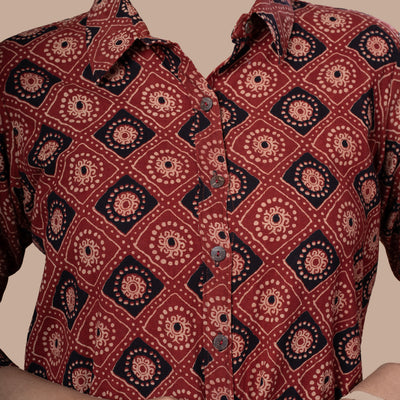 Ajrakh Print Cotton Boyfriend Shirt Dress