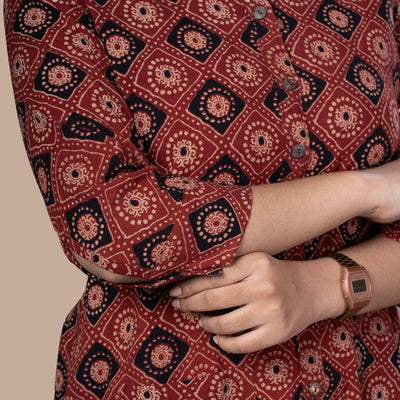 Ajrakh Print Cotton Boyfriend Shirt Dress