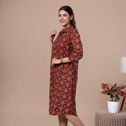 Ajrakh Print Cotton Boyfriend Shirt Dress