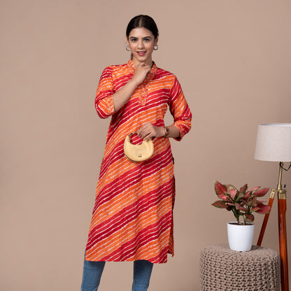 Leheriya Print Cotton Kurta With Embroidered V Neck