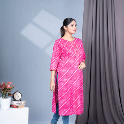 Leheriya Print Round Neck Cotton Kurta With Mirror Work