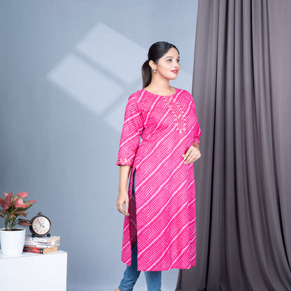 Leheriya Print Round Neck Cotton Kurta With Mirror Work