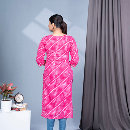 Leheriya Print Round Neck Cotton Kurta With Mirror Work