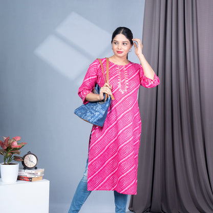 Leheriya Print Round Neck Cotton Kurta With Mirror Work
