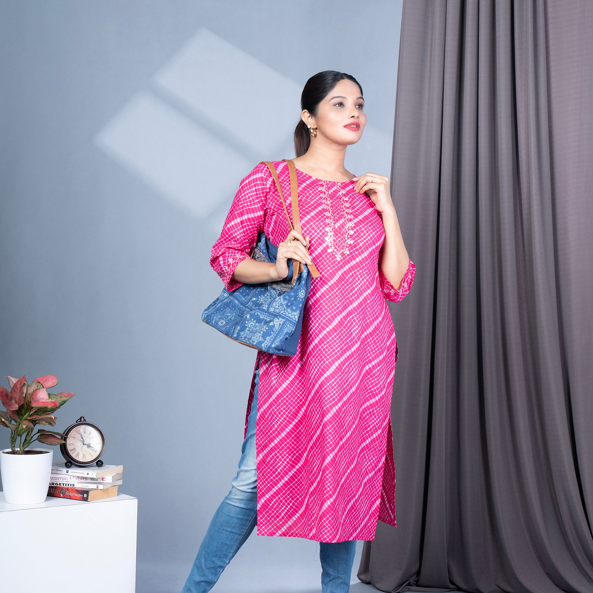 Leheriya Print Round Neck Cotton Kurta With Mirror Work