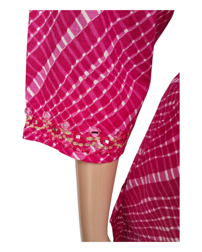Buy Leheriya Print Round Neck Cotton Kurta With Mirror Work – Tvahra