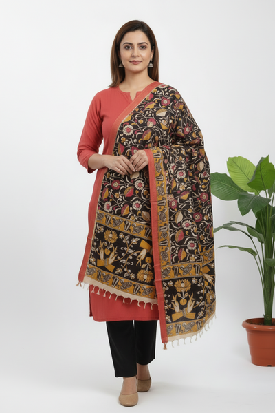 Mangalgiri Silk Kalamkari Dupatta - Black Pink