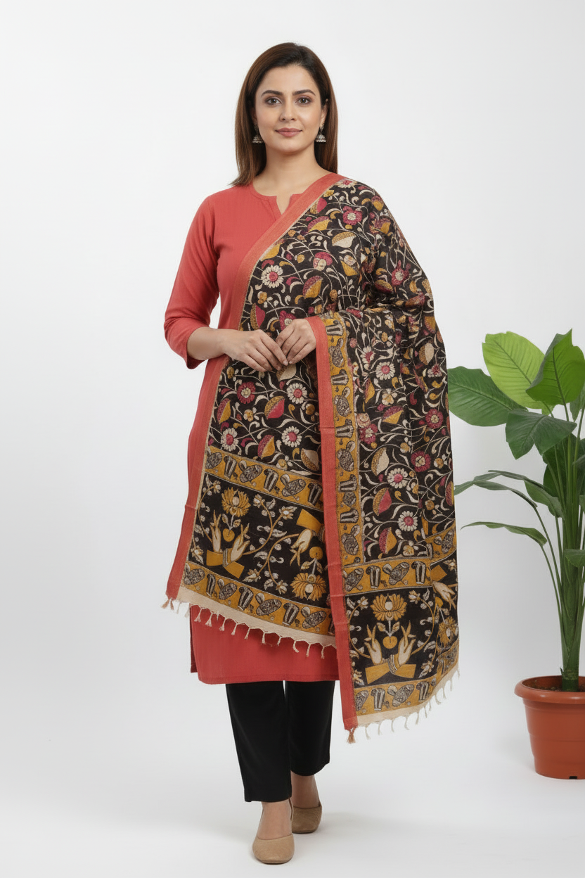 Mangalgiri Silk Kalamkari Dupatta - Black Pink