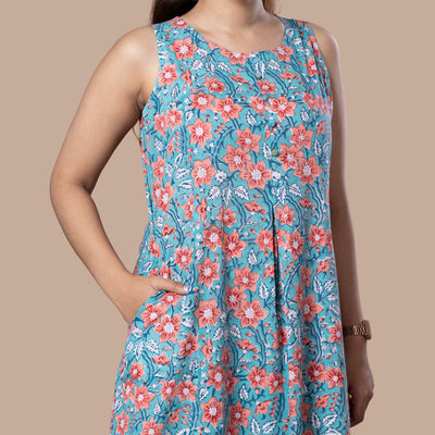 Floral Print Sleeveless Cotton One Piece High Low Dress
