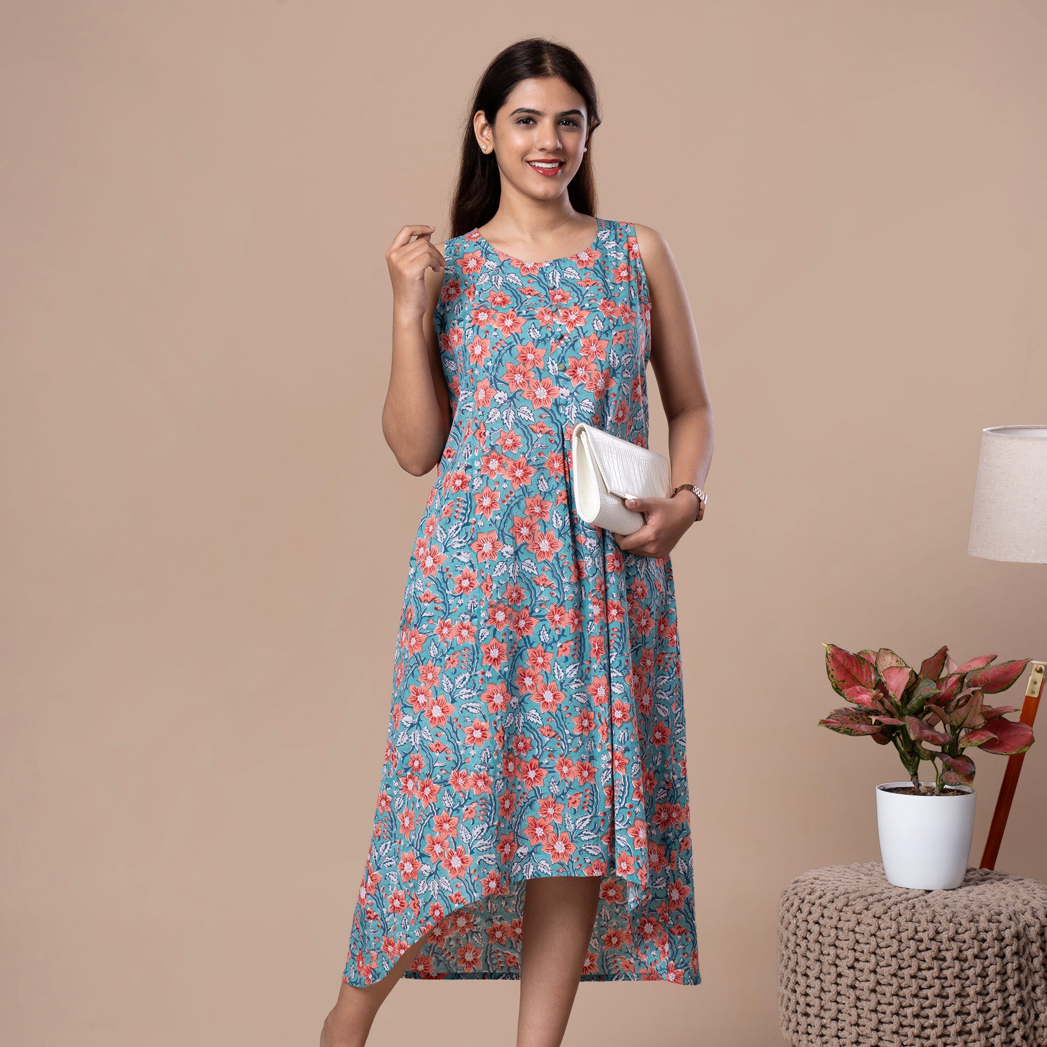 Floral Print Sleeveless Cotton One Piece High Low Dress