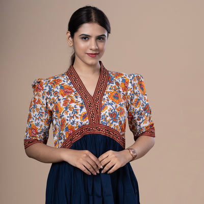 Alia Style Cotton Dress With Block Print Yoke And Pocket