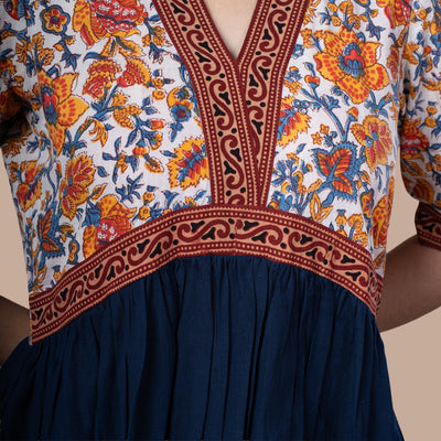 Alia Style Cotton Dress With Block Print Yoke And Pocket