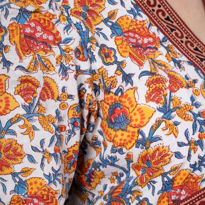 Alia Style Cotton Dress With Block Print Yoke And Pocket