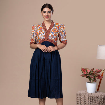 Alia Style Cotton Dress With Block Print Yoke And Pocket