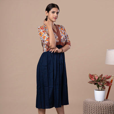 Alia Style Cotton Dress With Block Print Yoke And Pocket