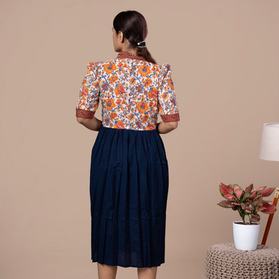 Alia Style Cotton Dress With Block Print Yoke And Pocket