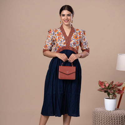 Alia Style Cotton Dress With Block Print Yoke And Pocket