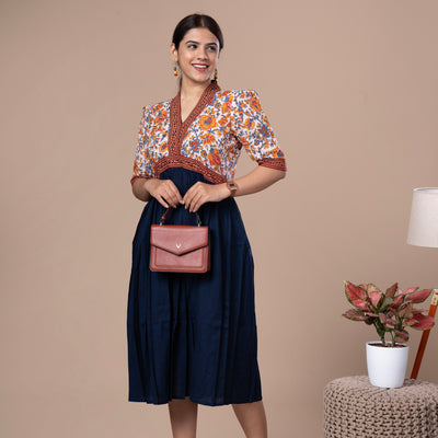 Alia Style Cotton Dress With Block Print Yoke And Pocket