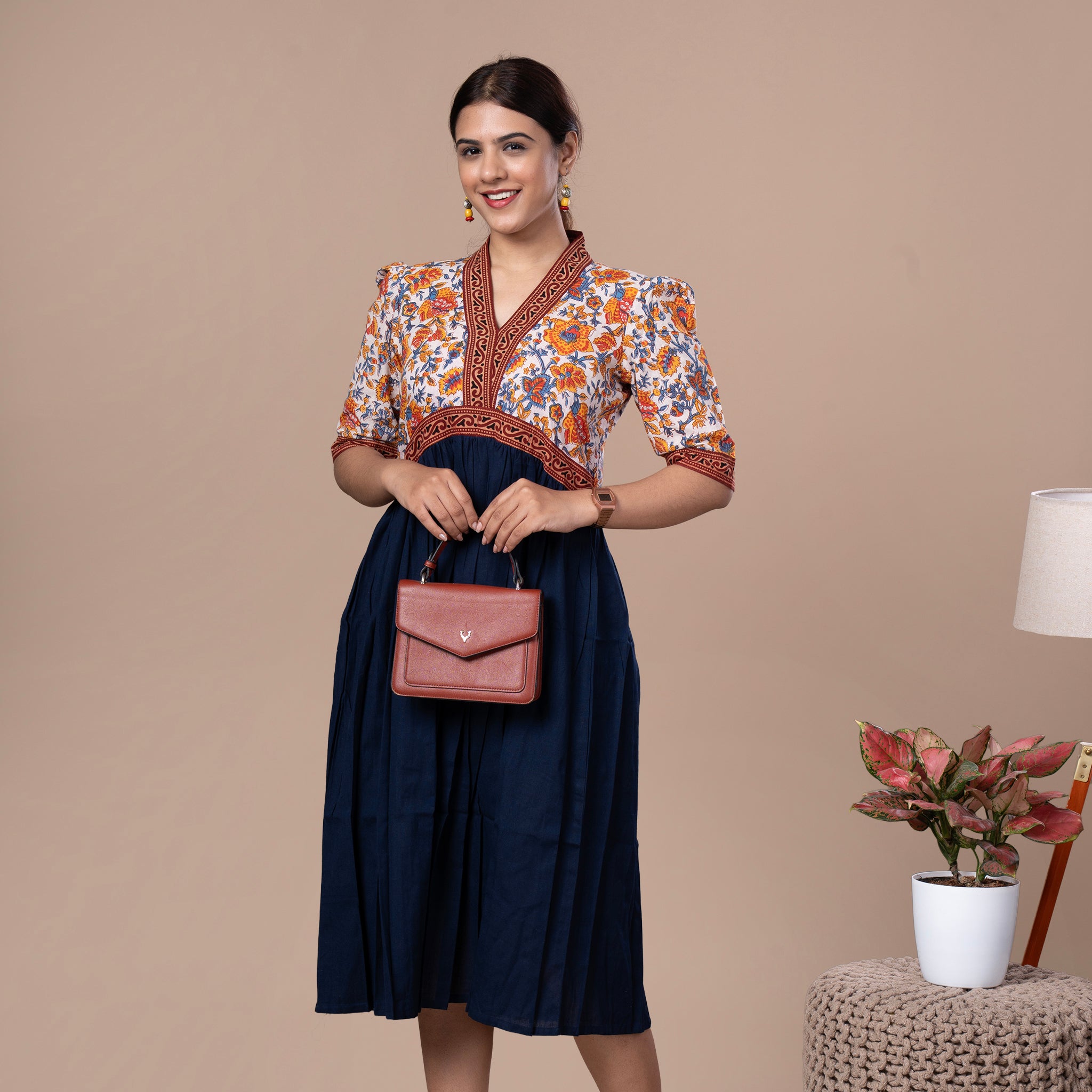 Alia Style Cotton Dress With Block Print Yoke And Pocket