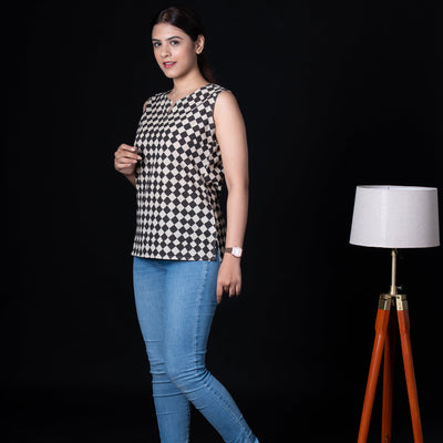 Sleeveless Hand Block Printed Tunic - Black