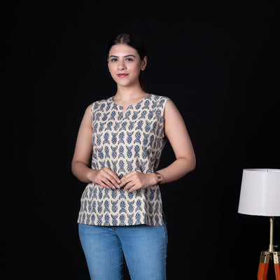 Sleeveless Hand Block Printed Tunic - Beige