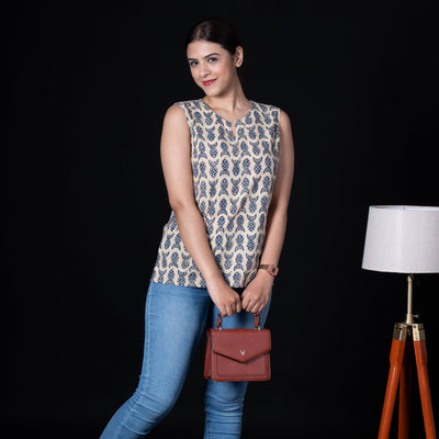 Sleeveless Hand Block Printed Tunic - Beige