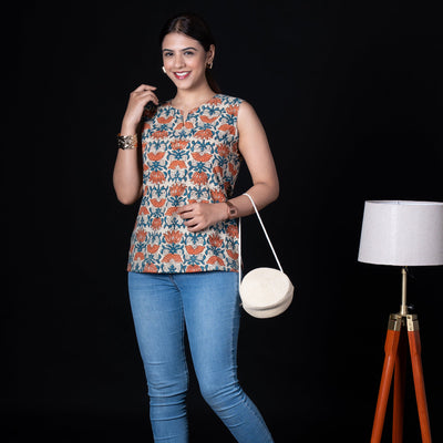Sleeveless Hand Block Printed Tunic - Orange