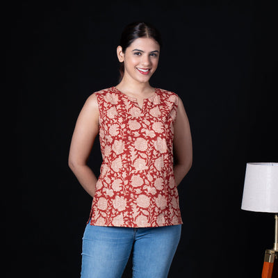 Sleeveless Hand Block Printed Tunic - Red