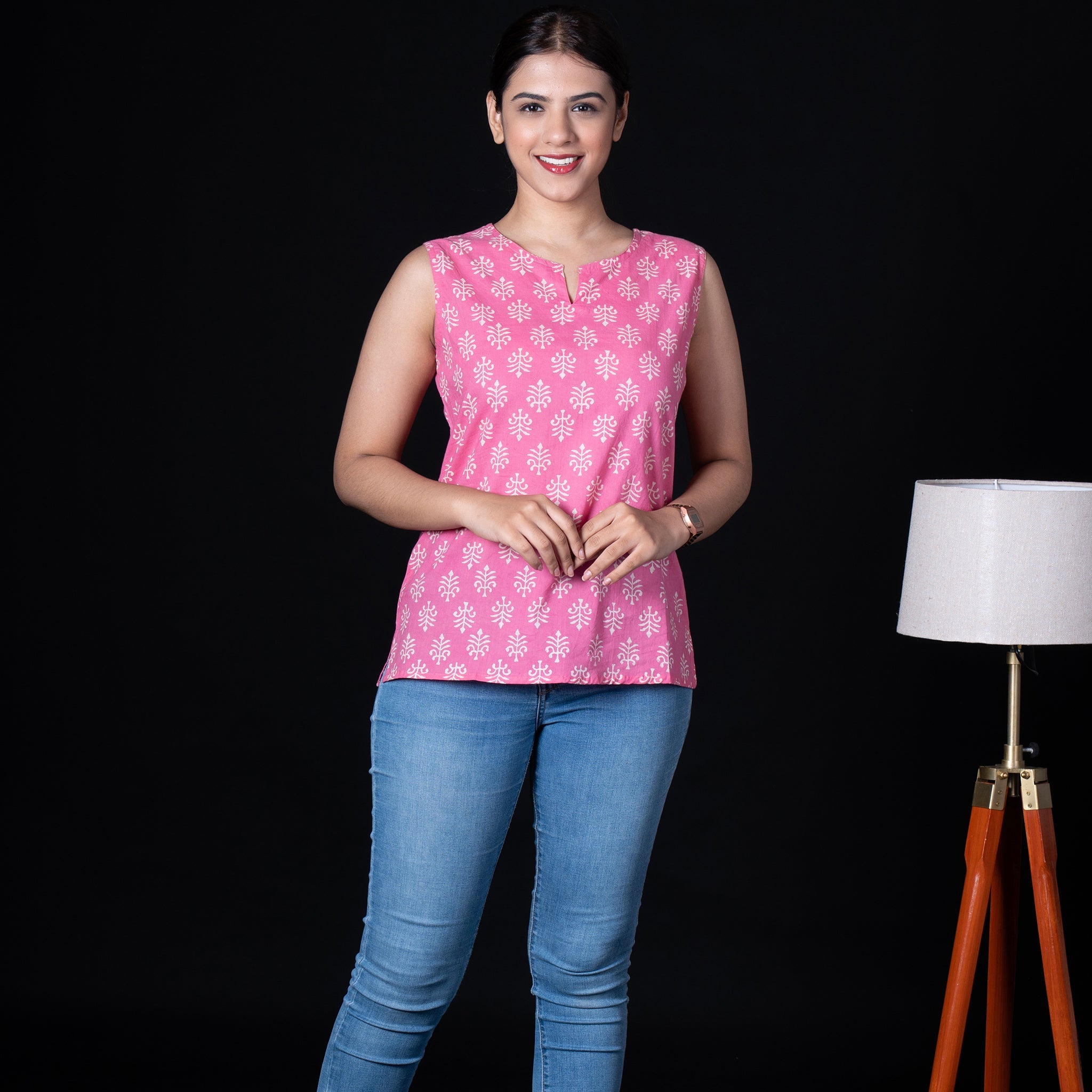Sleeveless Hand Block Printed Tunic - Pink