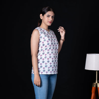 Sleeveless Hand Block Printed Tunic - White