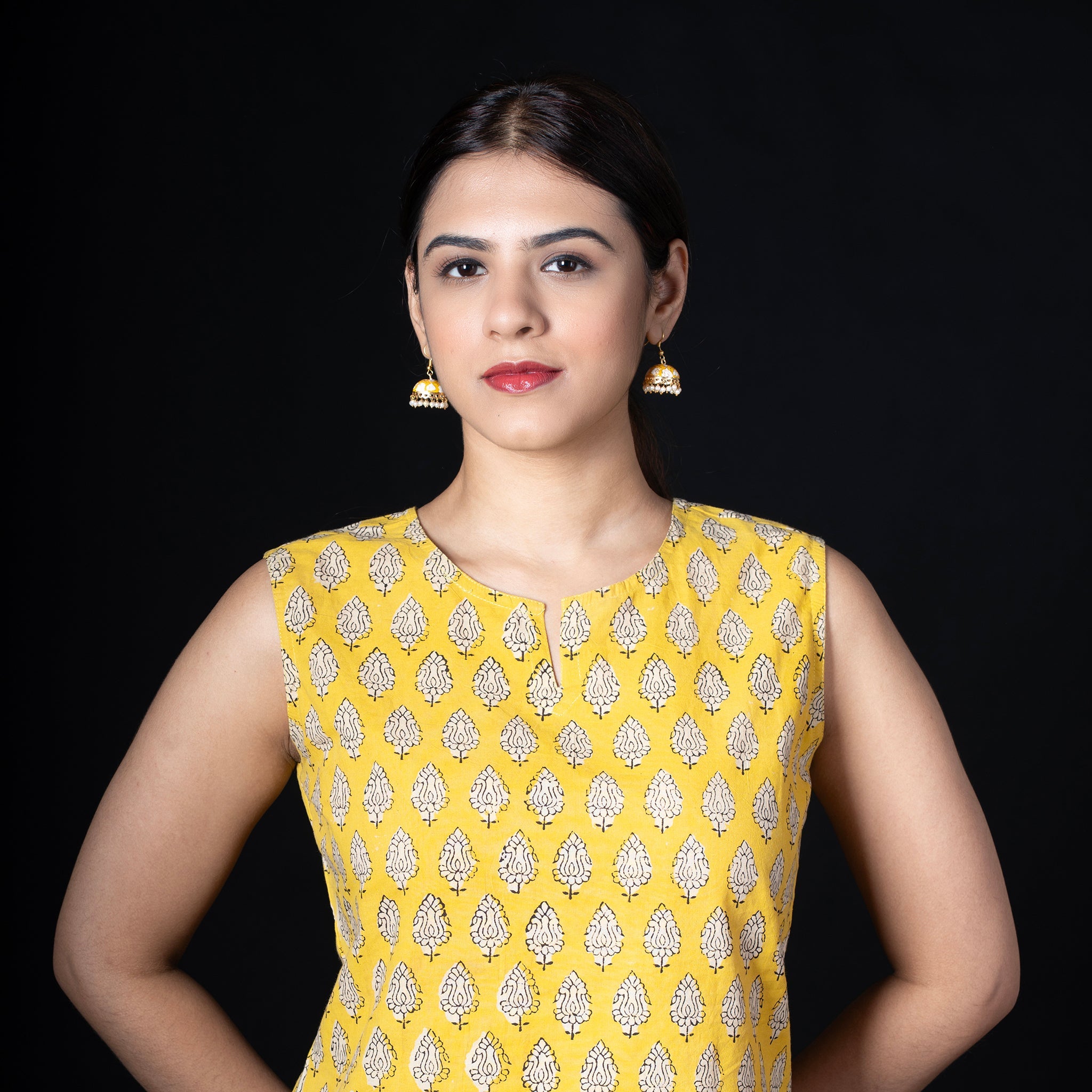 Sleeveless Hand Block Printed Tunic - Yellow