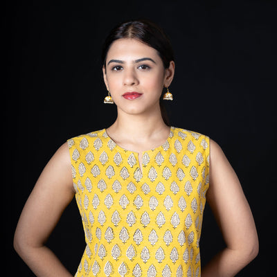 Sleeveless Hand Block Printed Tunic - Yellow