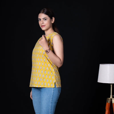 Sleeveless Hand Block Printed Tunic - Yellow