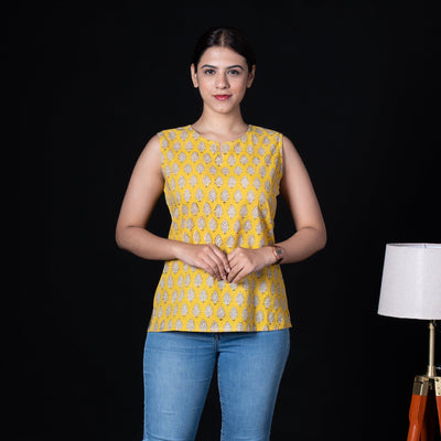 Sleeveless Hand Block Printed Tunic - Yellow