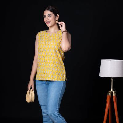 Sleeveless Hand Block Printed Tunic - Yellow