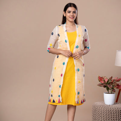 Sleeveless Dress With Jamdhani Cotton Shrug