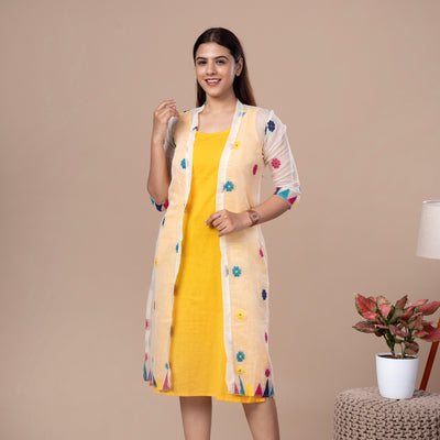 Sleeveless Dress With Jamdhani Cotton Shrug
